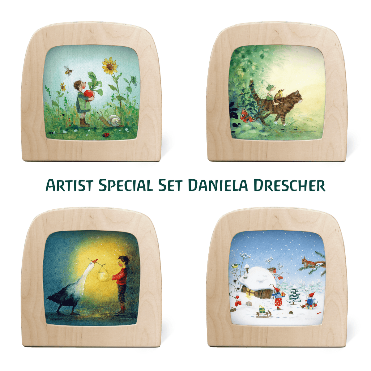 Toverlux Artist-Set Daniela Drescher: vier Silhouetten mit Kind und Radieschen, Wichtel auf Katze, Gans mit Laterne, Winter