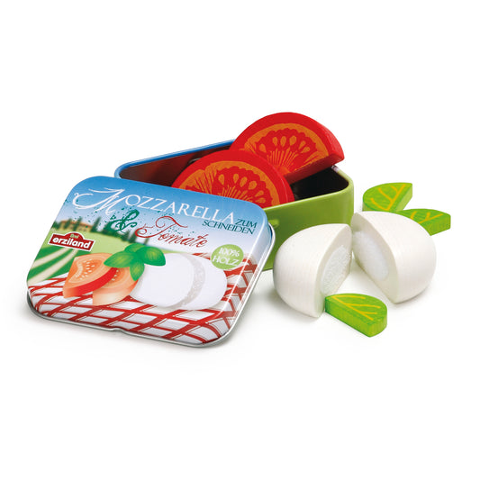 Erzi Holz-Spiellebensmittel Mozzarella und Tomate mit weißen Kugeln, roten Scheiben und grünen Blättern in Dose