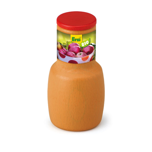 Erzi Holz Apfelsaft, Packshot mit orangefarbenem Holzkorpus und rotem Deckel mit aufgedrucktem Etikett