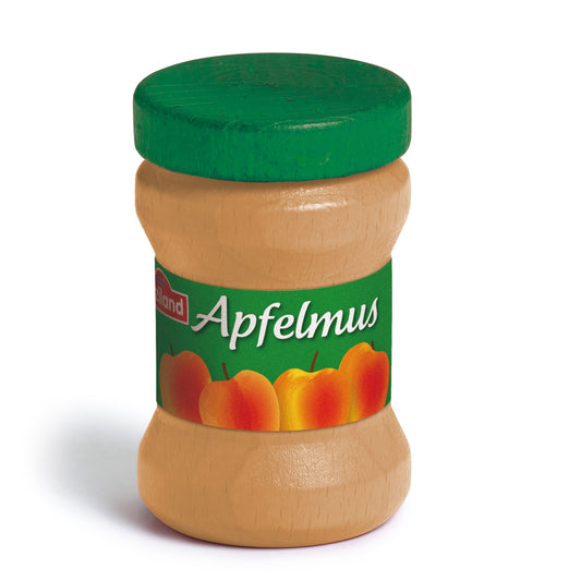 Erzi Holz Apfelmus, Holzglas mit grünem Deckel und Etikett mit Apfelmotiv, Packshot