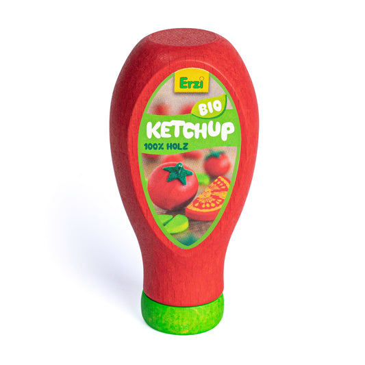 Erzi Holz-Ketchup in roter Quetschflasche mit grünem Verschluss und Etikett mit Tomaten, Packshot
