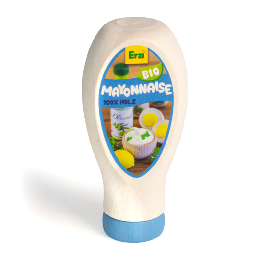 Erzi Holz-Mayonnaise in cremefarbener Flaschenform mit blauem Etikett und blauem Boden, Packshot
