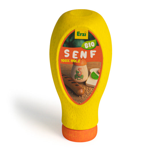 Erzi Holz-Senf Bio, gelbe Flasche mit orangeroter Banderole und Etikett, Packshot
