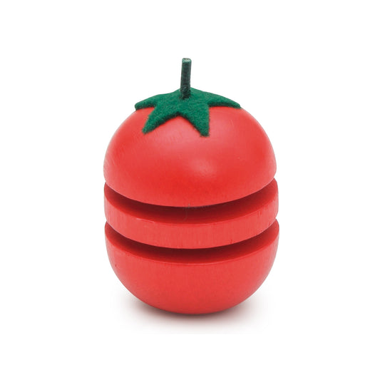 Erzi Holz-Tomate zum Schneiden, rot mit grünem Blattansatz, in drei aufeinandergeklappte Scheiben geteilt