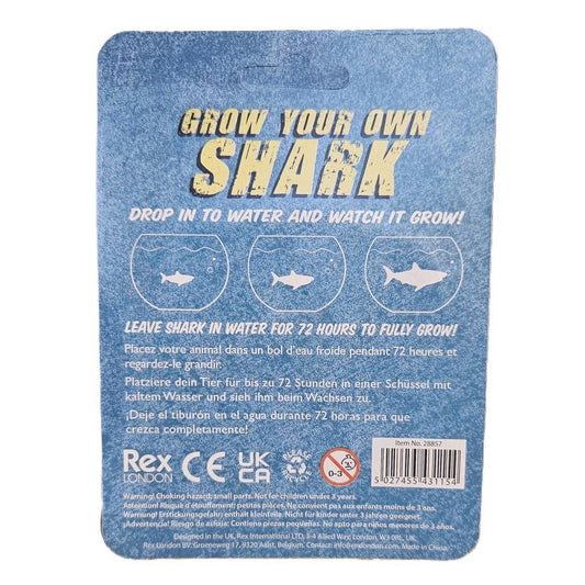 Verpackung Rex London Wachsender Hai mit blauem Hintergrund und Anleitung zum Züchten