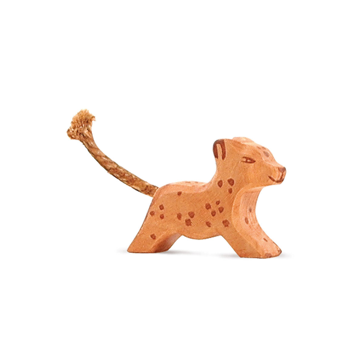 Ostheimer Holzfigur Leopard klein laufend, orange mit gemalten Flecken und Schwanz aus Kordel