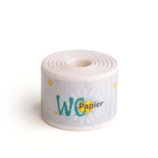 Erzi Holz-Toilettenpapier, weiße Rolle mit Gänseblümchen und Schriftzug WC Papier