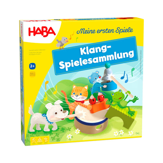 Verpackung der Haba Klang-Spielesammlung mit bunten Figuren und Musiknoten auf gelbem Grund
