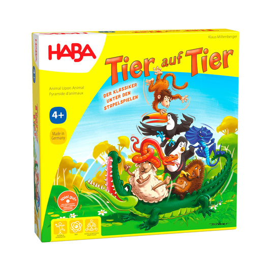 Haba Tier auf Tier Verpackung mit bunter Illustration von Tieren die übereinander auf einer Wiese stapeln
