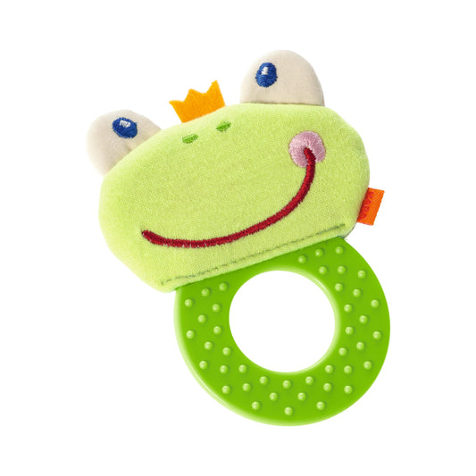 Haba Beißkerl Frosch mit grünem Kopf aus Stoff, rotem Lächeln, blauen Augen und Krone, grüner Greifring mit weißen Punkten