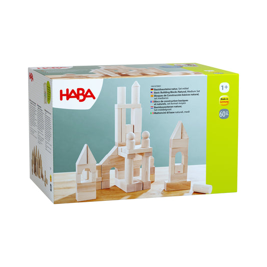 Haba Basisbausteine natur Set mittel, Verpackung mit Schloss-Bauwerk aus hellen Holzblöcken auf der Vorderseite