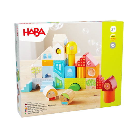Haba Motivbausteine Stadt Verpackung mit bunten bedruckten Holzbausteinen und Stadtmotiven