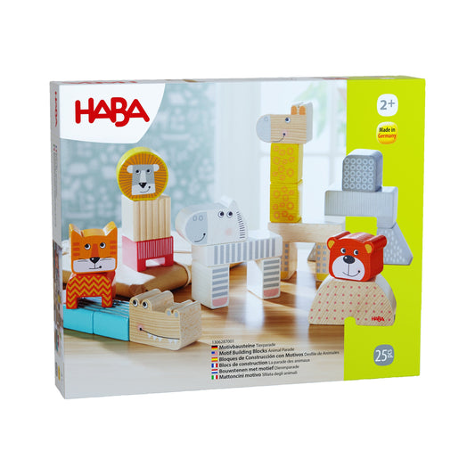 Haba Motivbausteine Tierparade Verpackung mit Holzbausteinen, bedruckten Tierfiguren und Stapelblöcken