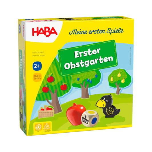 Verpackung Haba Erster Obstgarten mit Obstgarten-Szene, roten Äpfeln, Würfel und schwarzem Vogel