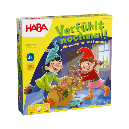 Haba Verfühlt nochmal, Verpackung mit zwei spielenden Kindern und Teddy