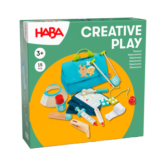 Haba Creative Play Tierarzt, Verpackung mit blauer Arzttasche, Stethoskop und weiterem Zubehör