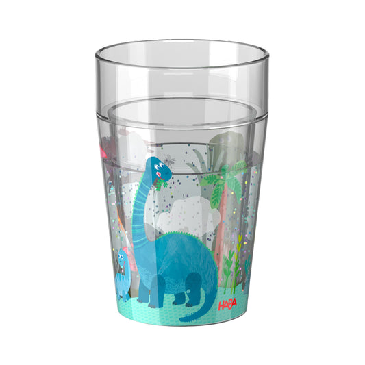 Haba Glitzerbecher Dino mit türkis-blauem Dinosaurier, grünen Pflanzen und glitzerndem Wasser-Effekt, Packshot