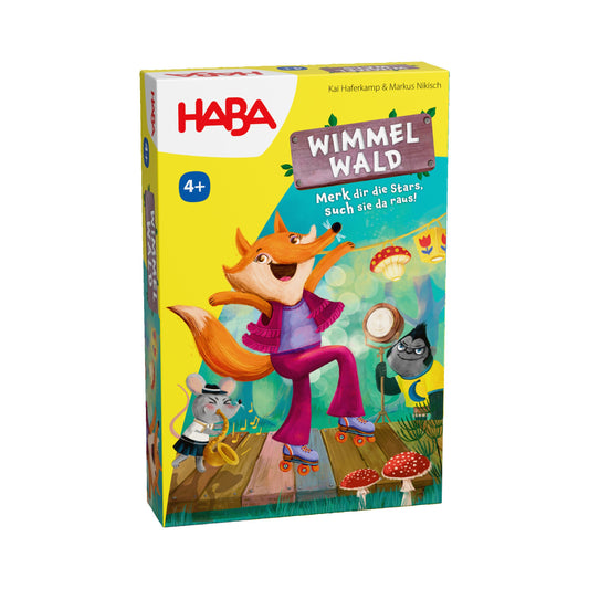 Haba Wimmelwald, Spielverpackung mit gelbem Hintergrund, Fuchsfigur und Waldmotiv