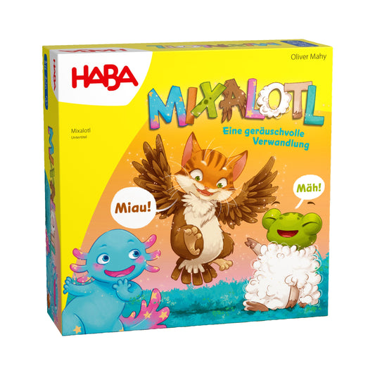 Haba Mixalotl Kartenspiel Verpackung mit bunten Tierfiguren auf gelbem Hintergrund