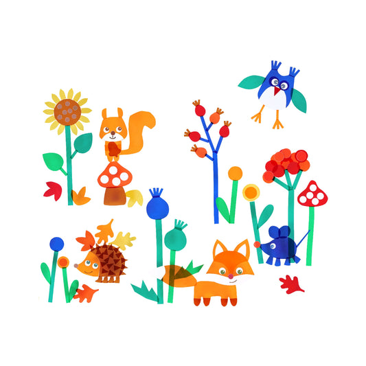 Haba Sachenmacher Fensterbild Waldtiere, bunte Papierfiguren von Fuchs, Igel, Vogel und Blumen als Gesamtkomposition