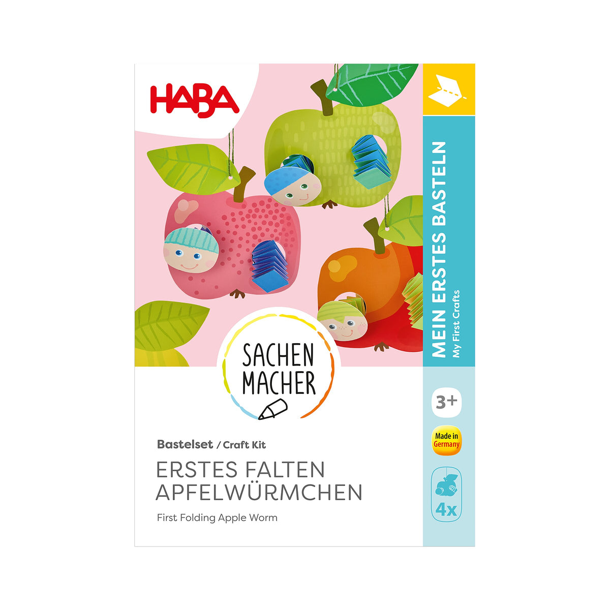 Haba Sachenmacher Apfelwürmchen Bastelset Verpackung mit grünem, rosa und orangem Apfel und Würmchen auf rosa Hintergrund