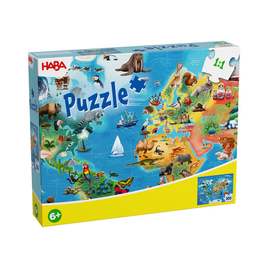 Verpackung des Haba Weltkarten-Puzzles mit bunter Illustration von Kontinenten, Tieren und Schiffen