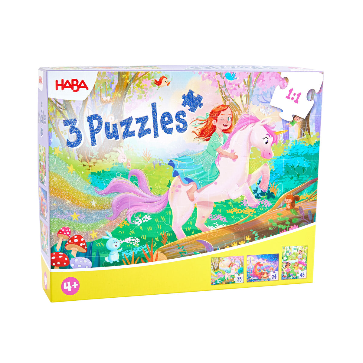 Haba 3 Puzzles Zauberträume Glitzer Verpackung mit Einhorn und Fee auf Wiese, 4+ Jahre, gelber Unterkarton