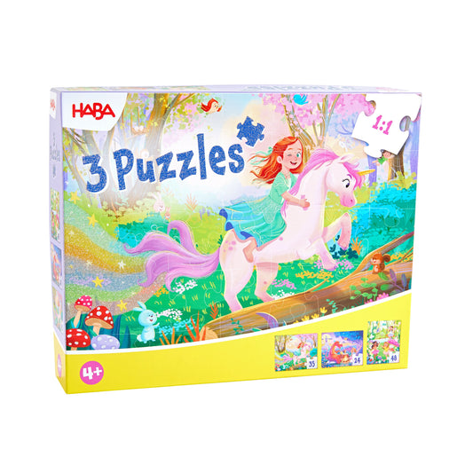 Haba 3 Puzzles Zauberträume Glitzer Verpackung mit Einhorn und Fee auf Wiese, 4+ Jahre, gelber Unterkarton