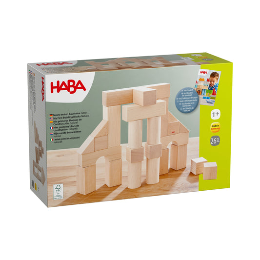 Verpackung von Haba Meine ersten Bausteine natur mit verschiedenen Holzbausteinen in Natur auf der Vorderseite