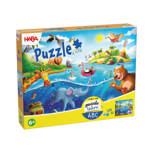 Haba Puzzle Buchstaben ABC mit 100 Teilen, Verpackung mit buntem Motiv von Landschaft, Meer und Tieren