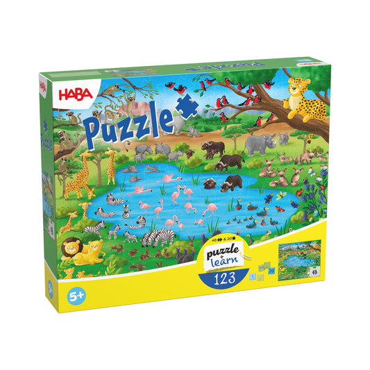 Haba Puzzle Zahlen 1-20, Vorderseite der Packung mit Tieren am Wasserloch