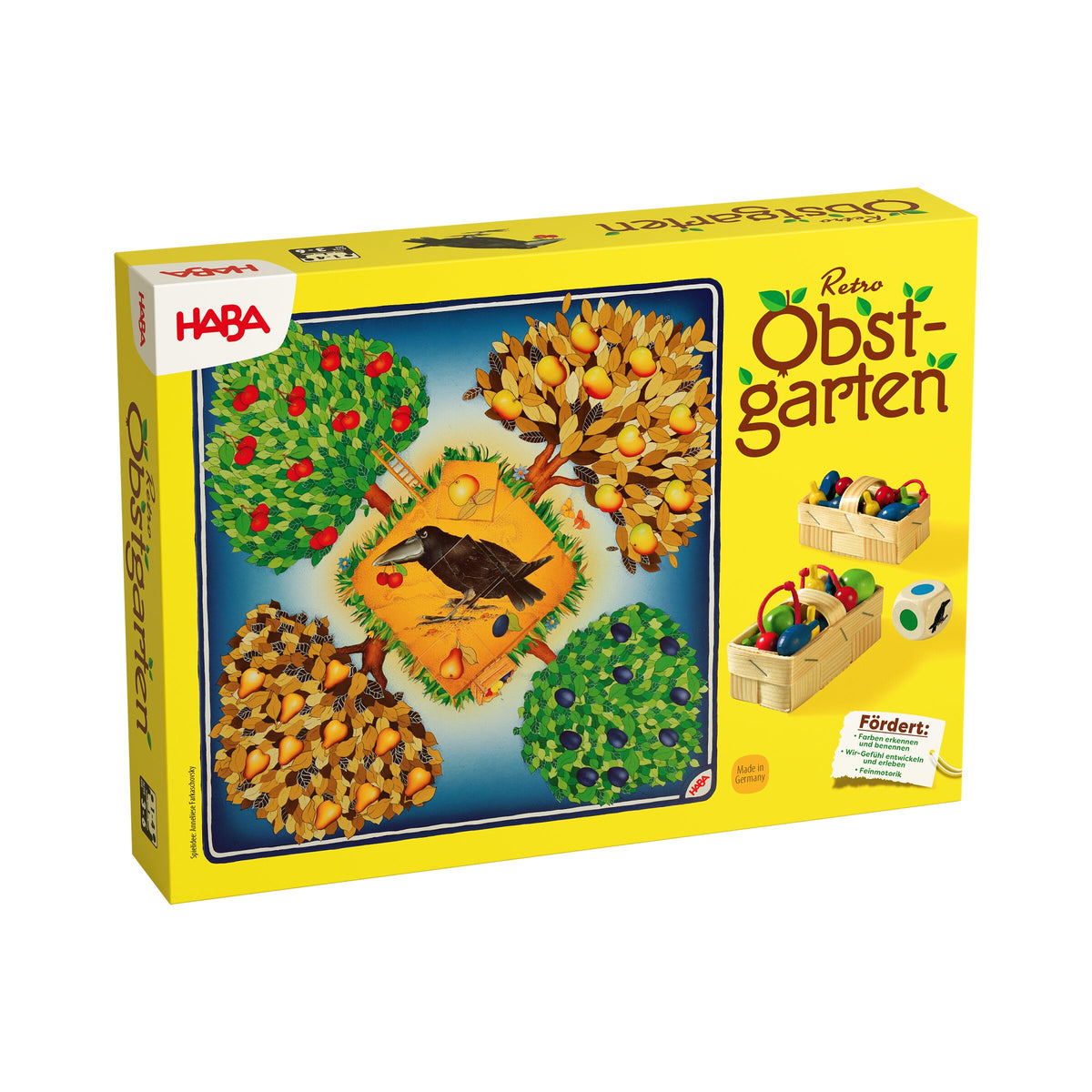 Haba Retro Obstgarten, Vorderseite der gelben Schachtel mit Obstbäumen und Rabe