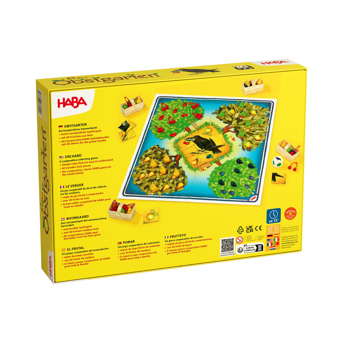 Haba Retro Obstgarten, Rückseite der gelben Schachtel mit Spielplan und Spielmaterial