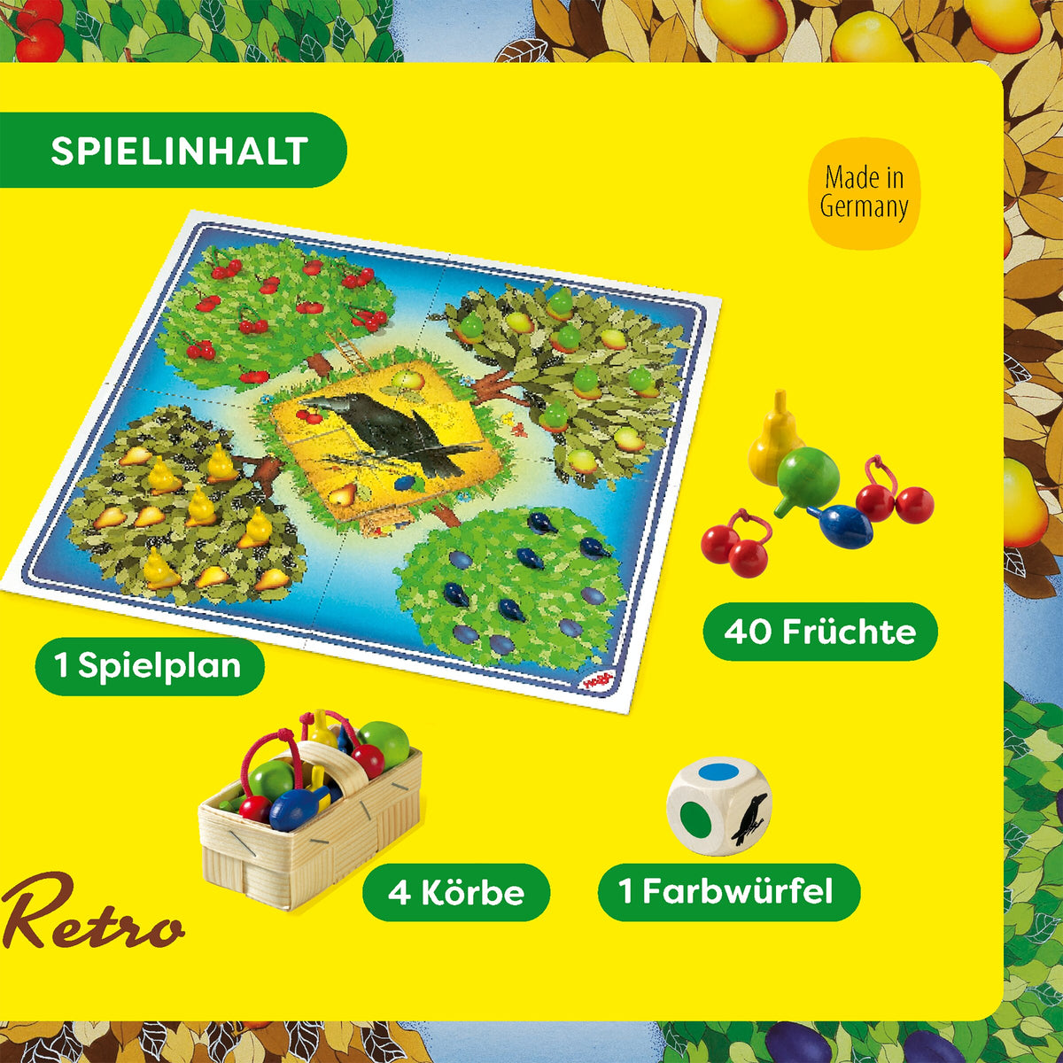 Haba Retro Obstgarten Spielinhalt: Spielplan, 40 Früchte, 4 Körbe und Farbwürfel auf Gelbem