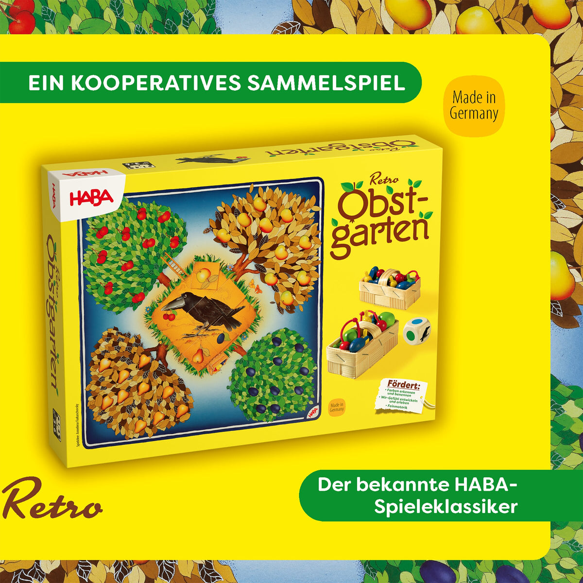 Haba Retro Obstgarten, Schachtel mit der Aufschrift Ein kooperatives Sammelspiel