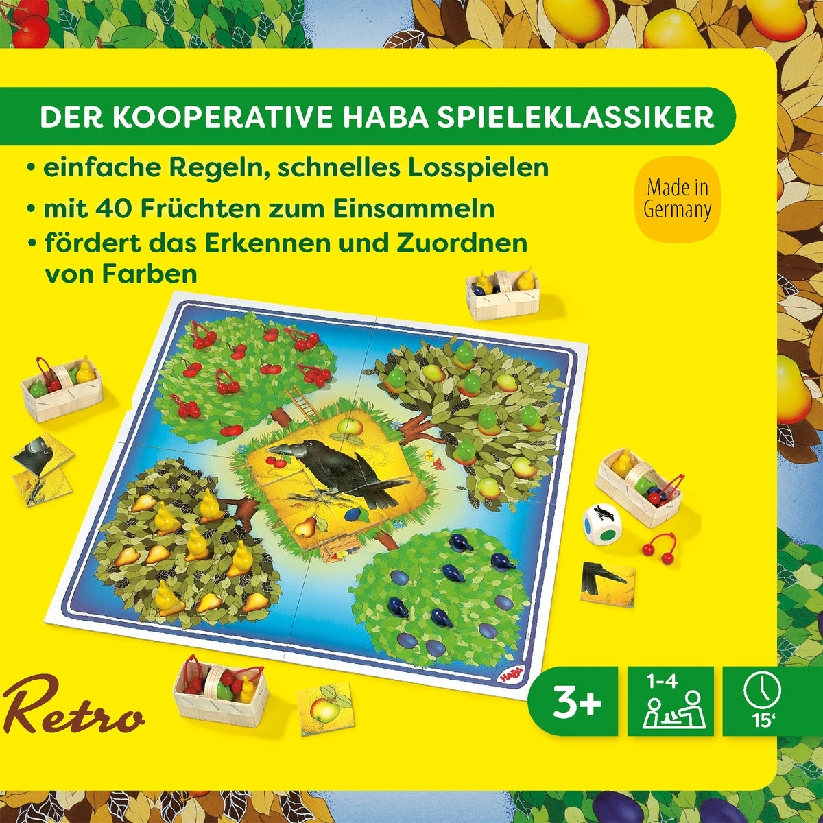 Haba Retro Obstgarten: Spielidee auf einen Blick mit Spielplan, Früchten und Körben