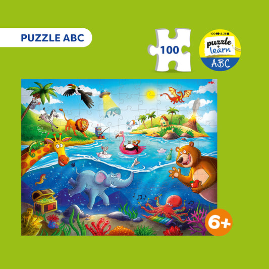Haba Puzzle ABC, 100 Teile, Puzzlemotiv mit Landschaft, Meer und Unterwasserwelt, Tieren und bunten Szenen