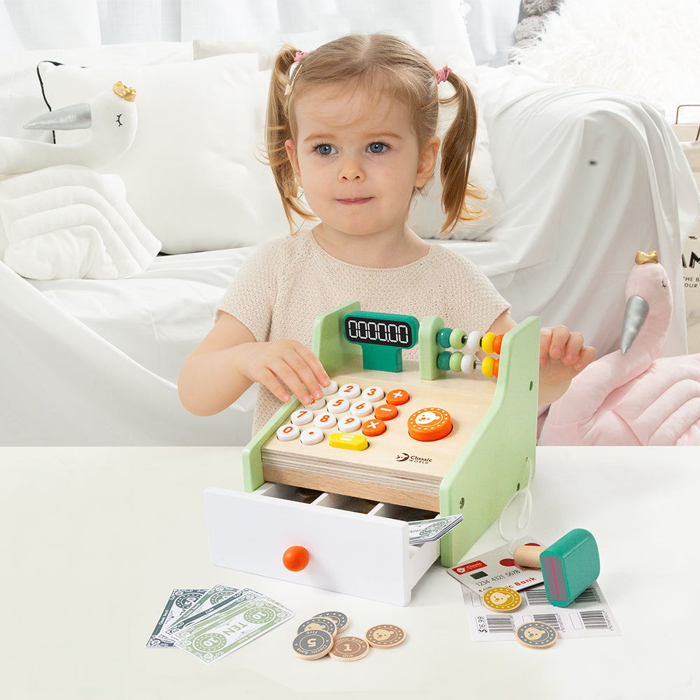 Holzkasse Classic World mit Scanner, Registrierschublade und buntem Spielgeld für Kaufladen
