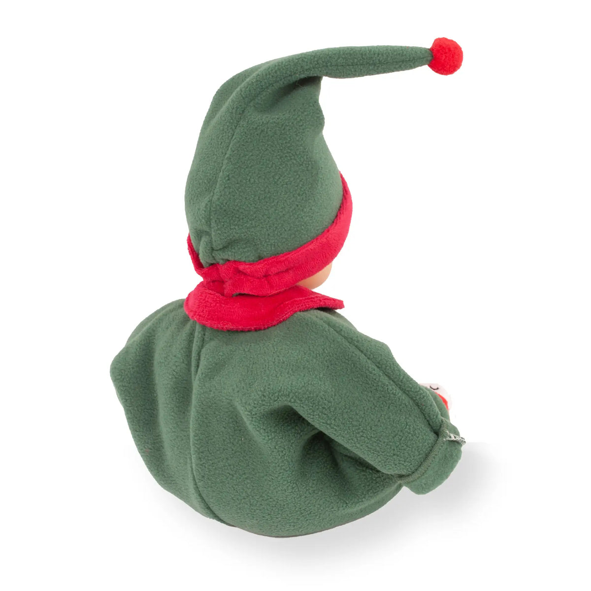 Götz Muffin Baby Christmas Candy von hinten, grüne Zipfelmütze mit roter Bommel und roter Kragen