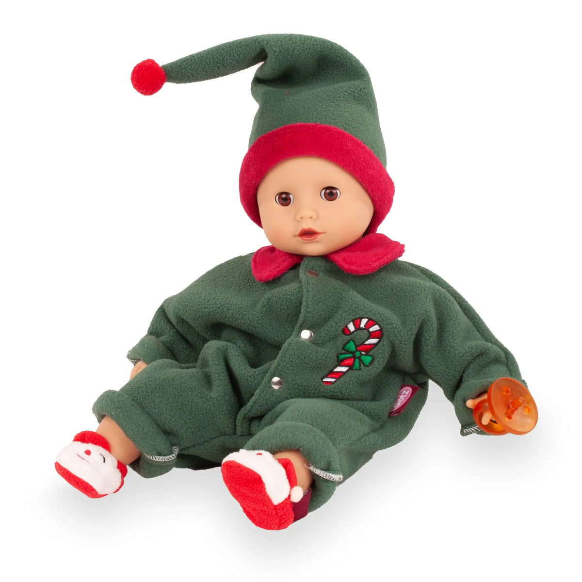 Götz Muffin Baby Christmas Candy im grünen Fleece-Overall mit Zuckerstangen-Stickerei und grüner Zipfelmütze mit rotem Rand