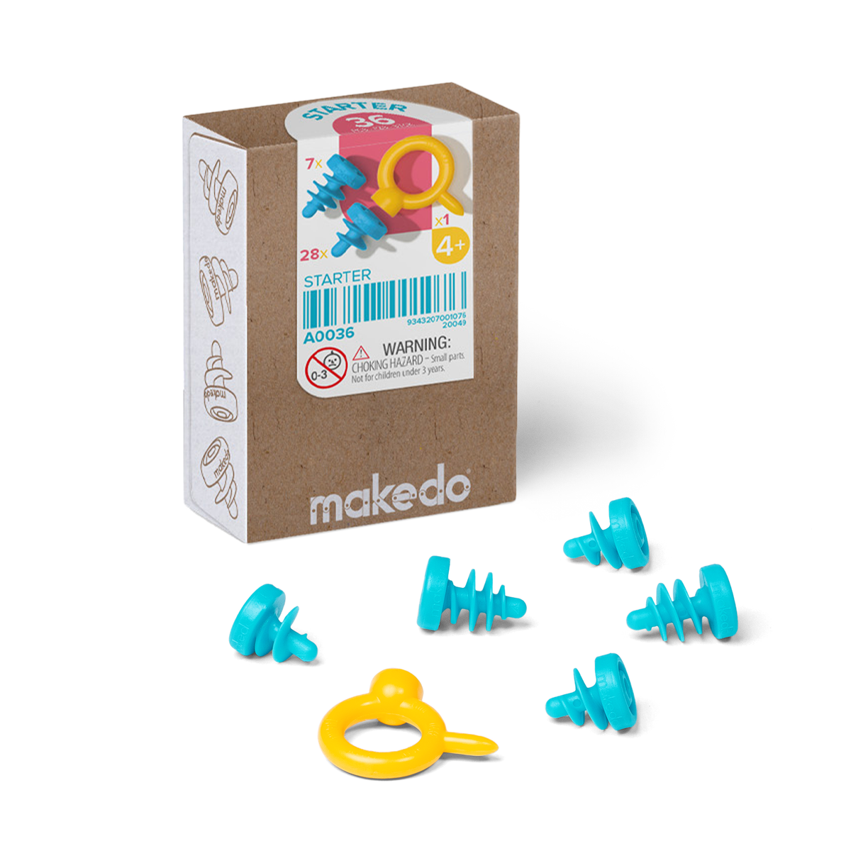 Makedo Starter Kit Schachtel, davor türkise Scrus und das gelbe Mini-Tool