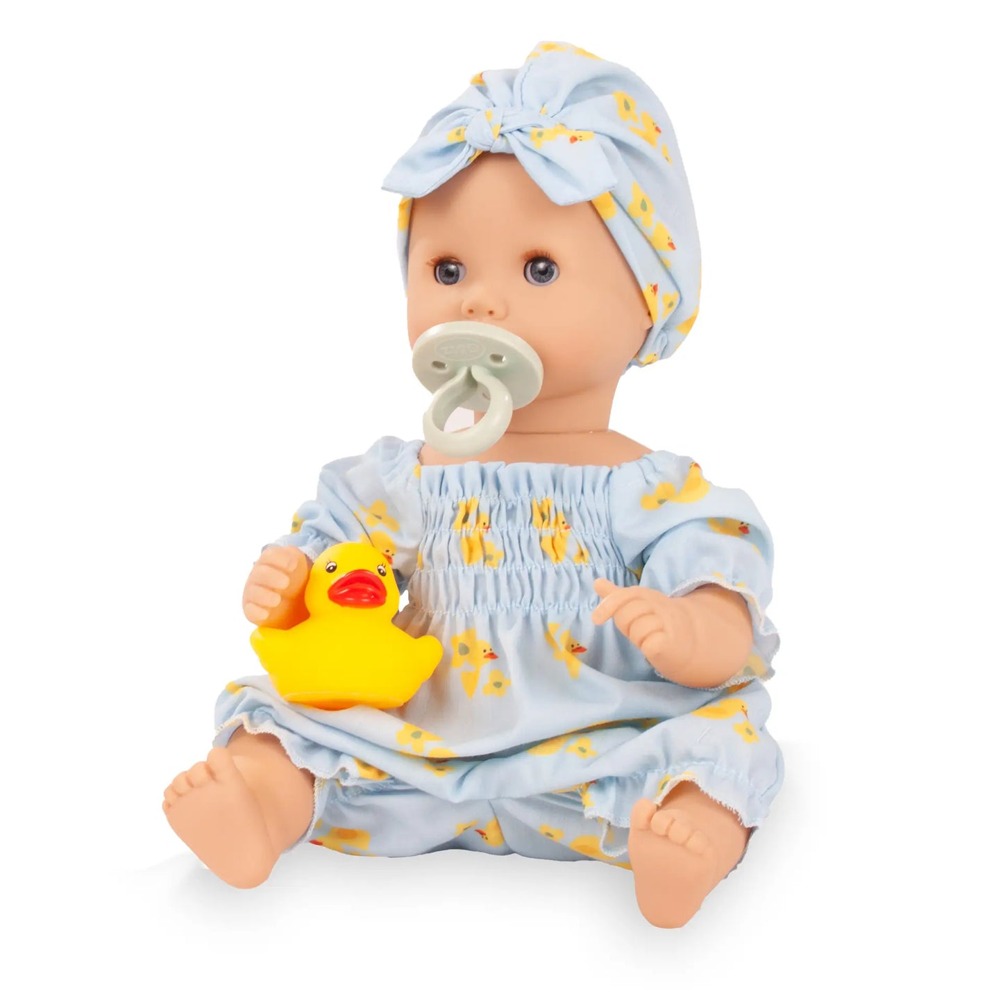 Babypuppe Götz Sleepy Aquini Girl 33 cm mit gelbem Entchen-Outfit und Schlafaugen