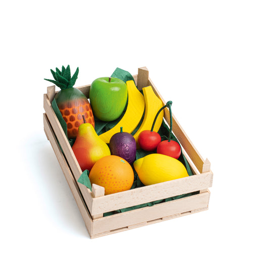 Erzi Sortiment Obst in Holzkiste: Ananas, Apfel, Bananen, Birne, Orange, Zitrone, Pflaume und Kirsche