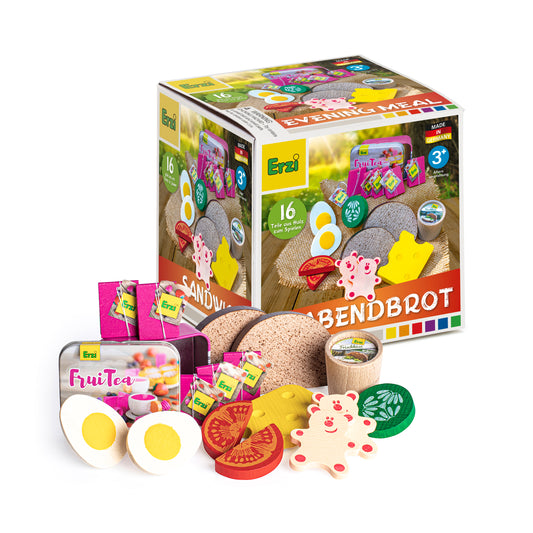 Erzi Sortierung Abendbrot: Karton und ausgepackte Holzteile mit Brot, Käse, Wurst, Eiern und Teedose