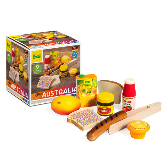 Erzi Australien Spiellebensmittel Packshot mit Verpackung, Holzbrot, Mango, Wurst, Messer und Zubehör