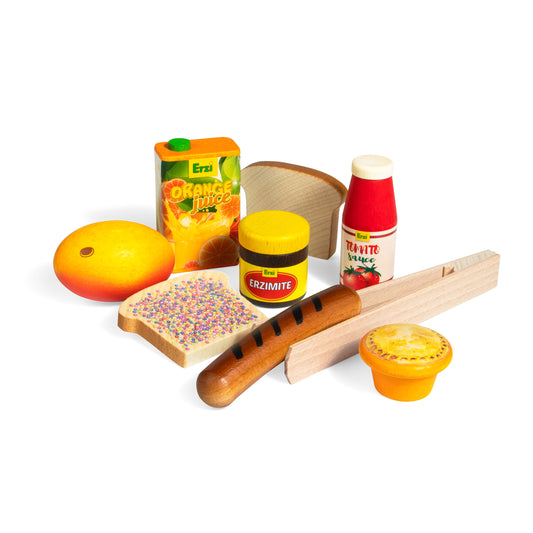 Erzi Sortierung Australien: Mango, Saft, Fairybread, Erzimite, Pastete, Bratwurst, Zange und Sauce