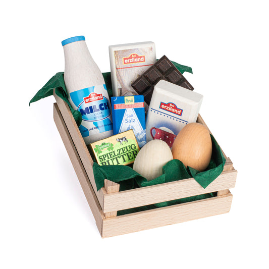 Erzi Backzutaten-Set in Holzkiste mit Milch, Eiern, Salz, Zucker und Schokolade