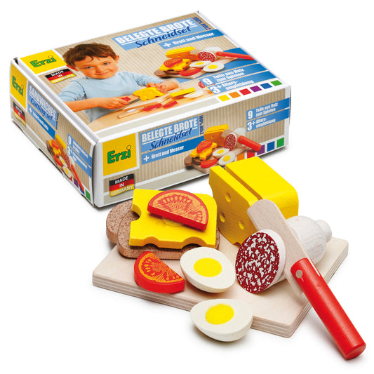 Erzi Schneidset Belegte Brote mit Verpackung, Holzbrett, Messer und Spiellebensmitteln aus Holz
