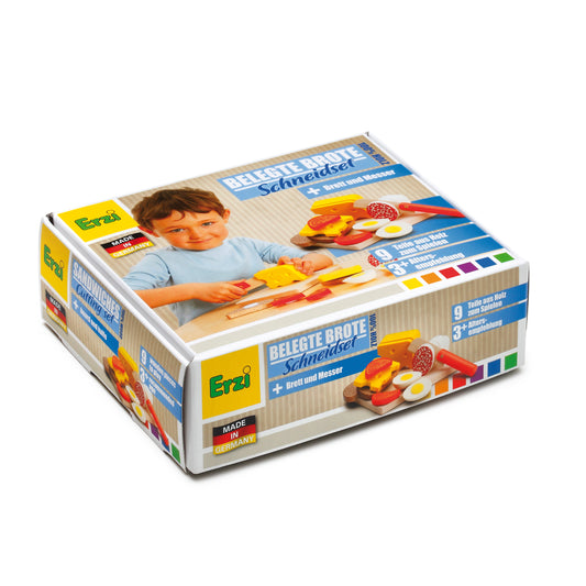 Verpackung des Erzi Schneidsets Belegte Brote mit Kind und bunten Holzlebensmitteln