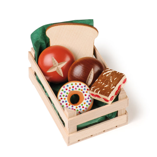 Erzi Sortiment Backwaren klein in Holzkiste: Toastscheibe, Brötchen, Laugenbrötchen, Doughnut, Kuchen